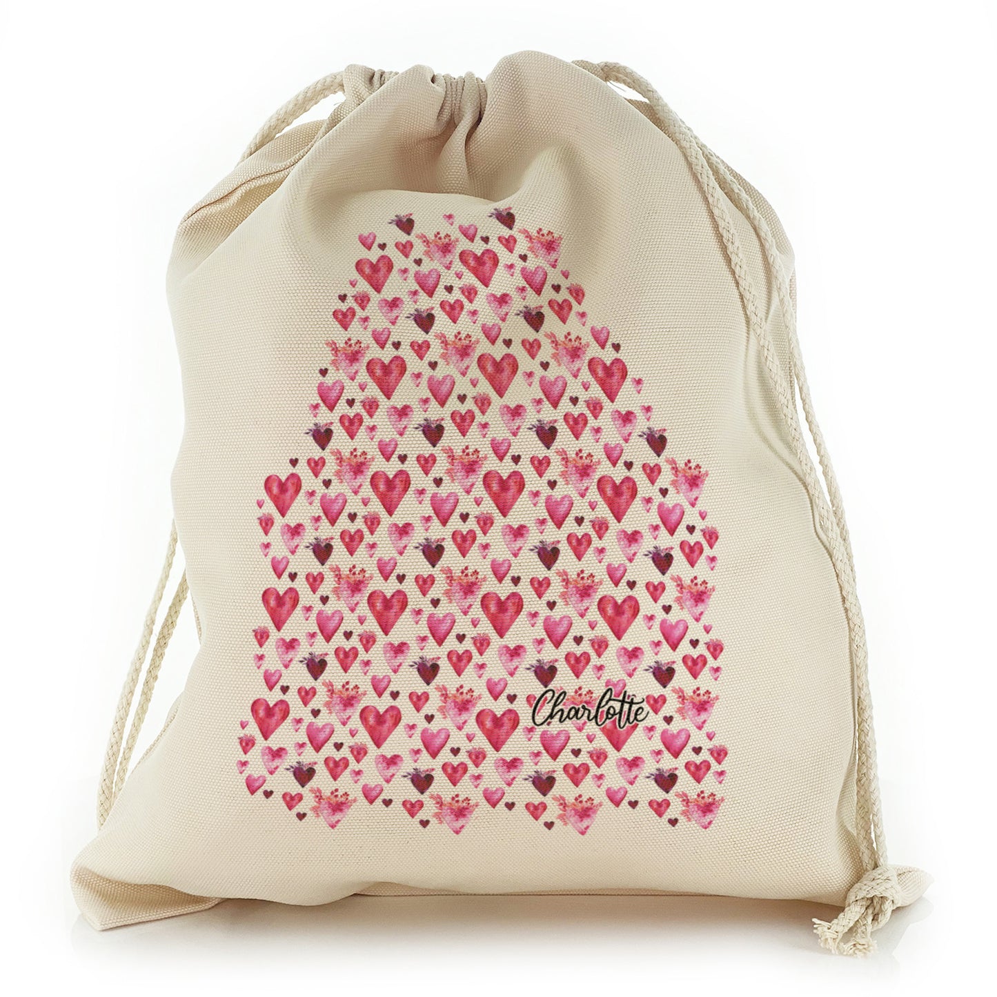 Personalised Canvas Sack with Stylish Text and Valentine Hearts Print
