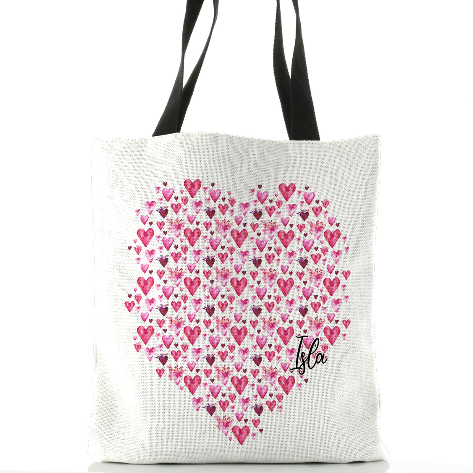 Personalised White Tote Bag with Stylish Text and Valentine Hearts Print