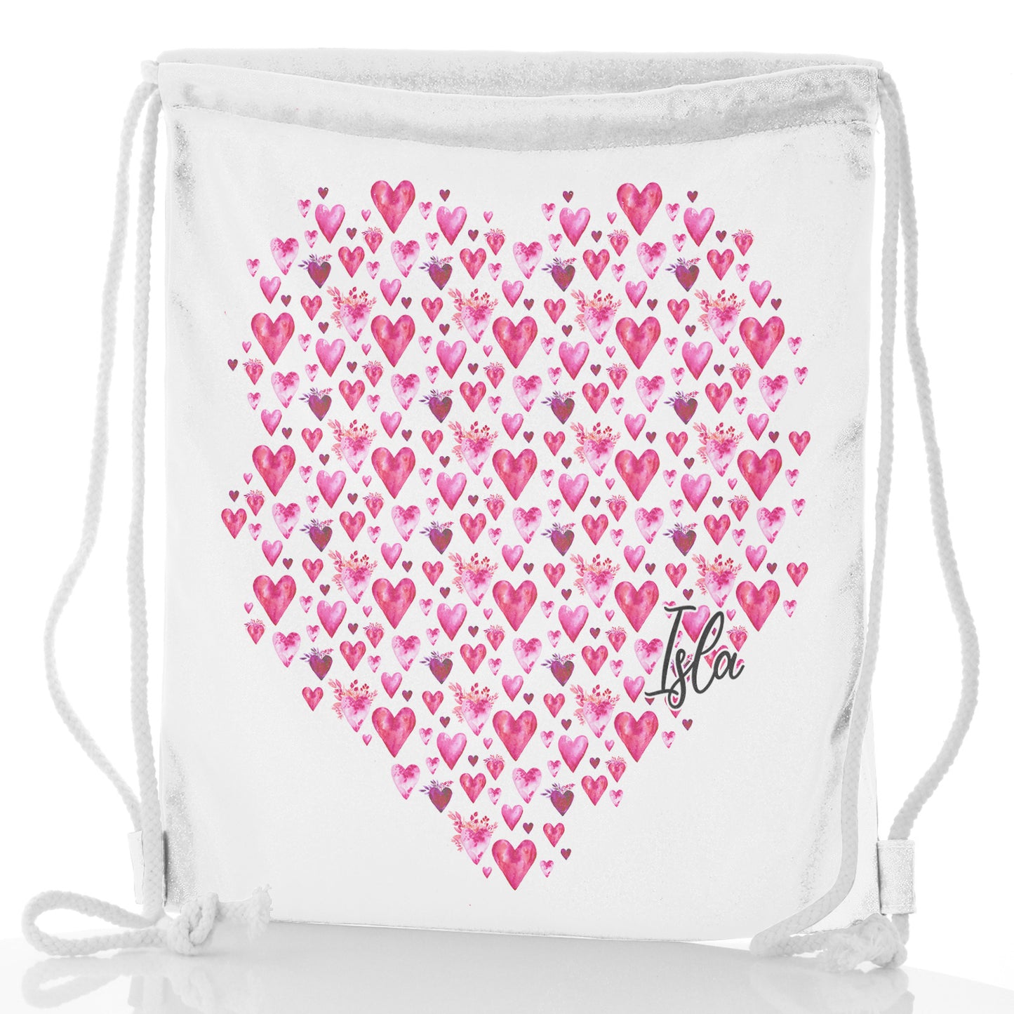 Personalised Glitter Drawstring Backpack with Stylish Text and Valentine Hearts Print