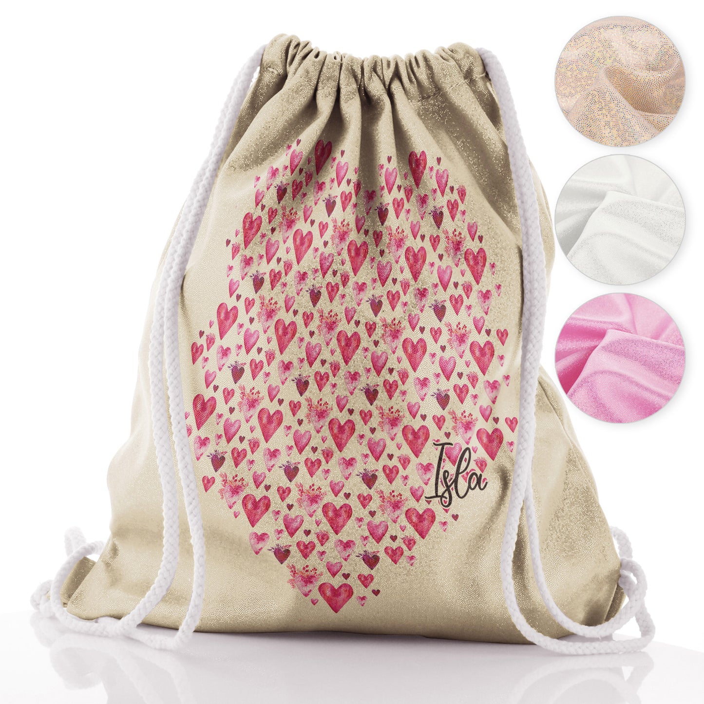 Personalised Glitter Drawstring Backpack with Stylish Text and Valentine Hearts Print