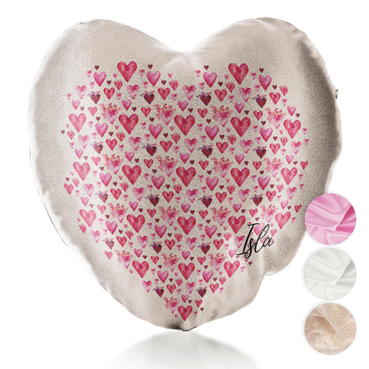 Personalised Glitter Heart Cushion with Stylish Text and Valentine Hearts Print