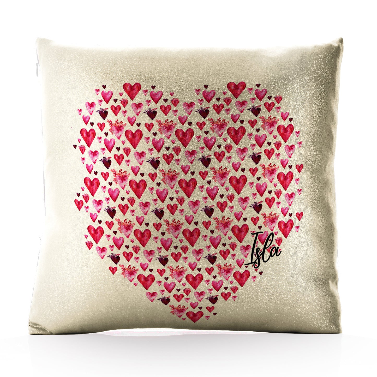 Personalised Glitter Cushion with Stylish Text and Valentine Hearts Print