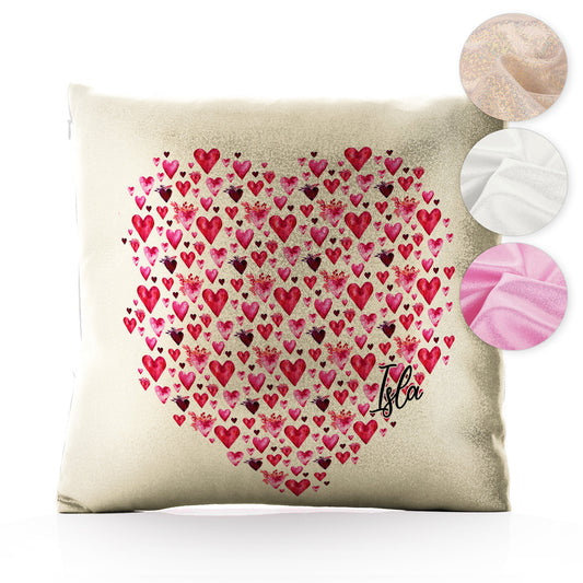Personalised Glitter Cushion with Stylish Text and Valentine Hearts Print