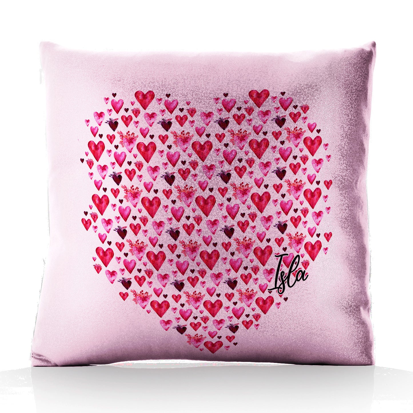 Personalised Glitter Cushion with Stylish Text and Valentine Hearts Print