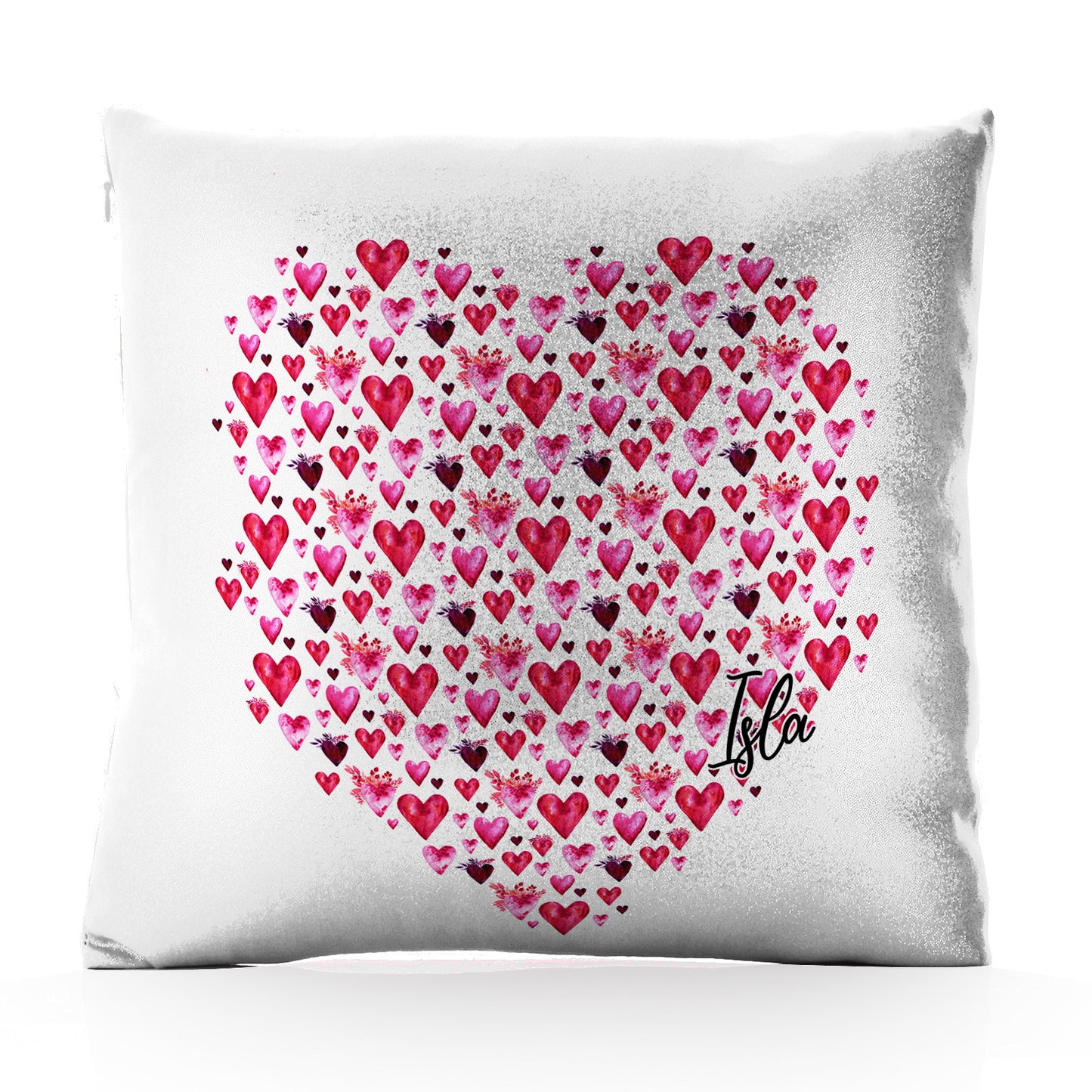 Personalised Glitter Cushion with Stylish Text and Valentine Hearts Print