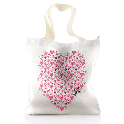 Personalised Glitter Tote Bag with Stylish Text and Valentine Hearts Print