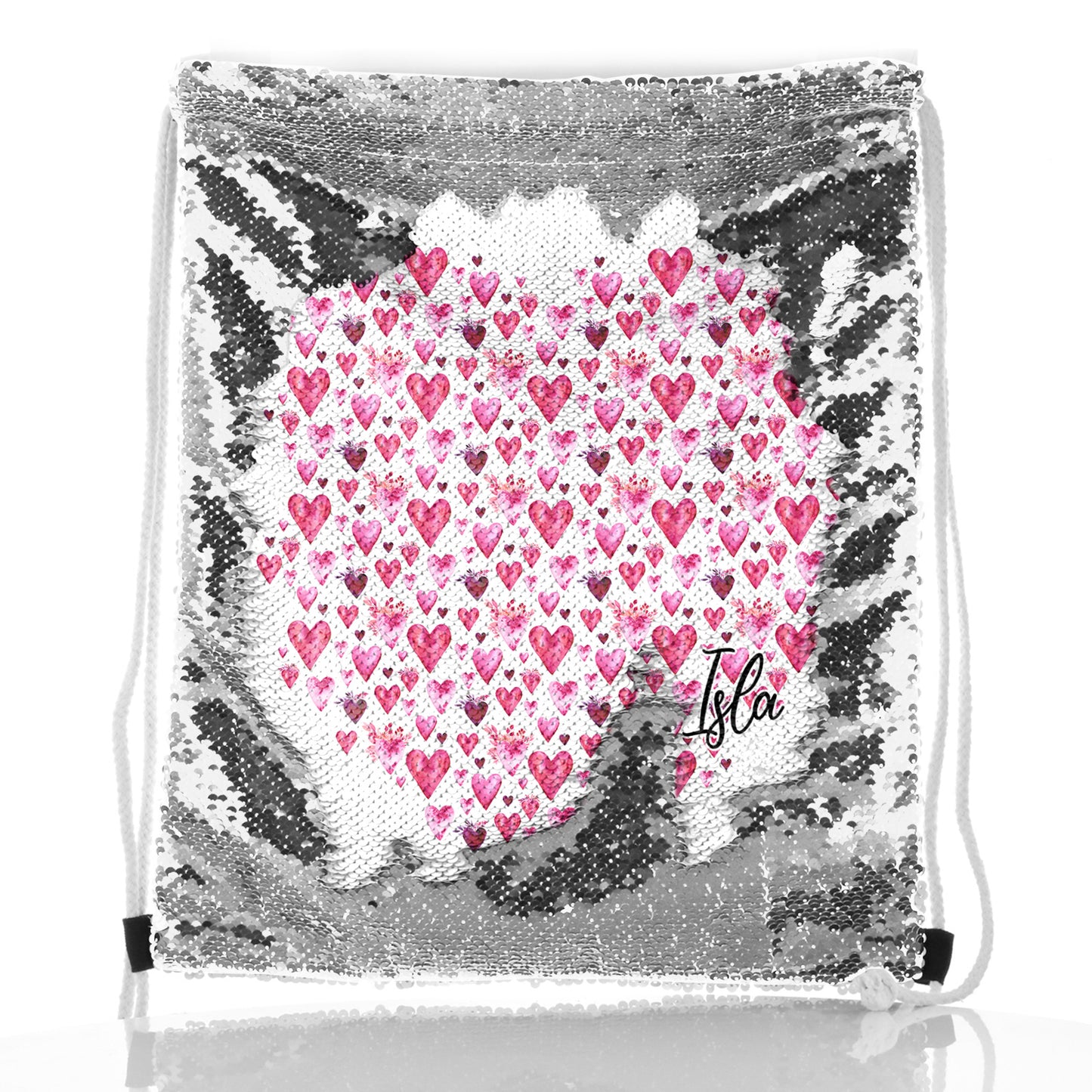 Personalised Sequin Drawstring Backpack with Stylish Text and Valentine Hearts Print