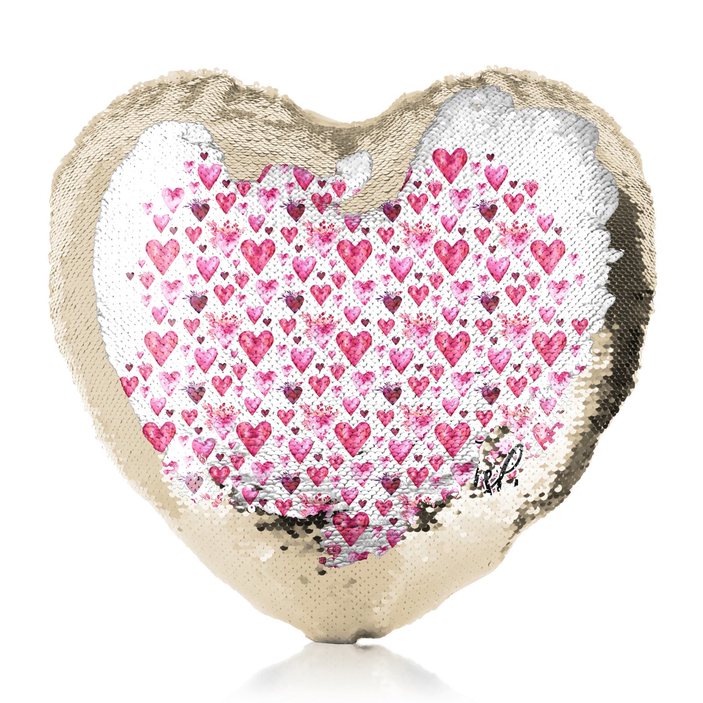 Personalised Sequin Heart Cushion with Stylish Text and Valentine Hearts Print