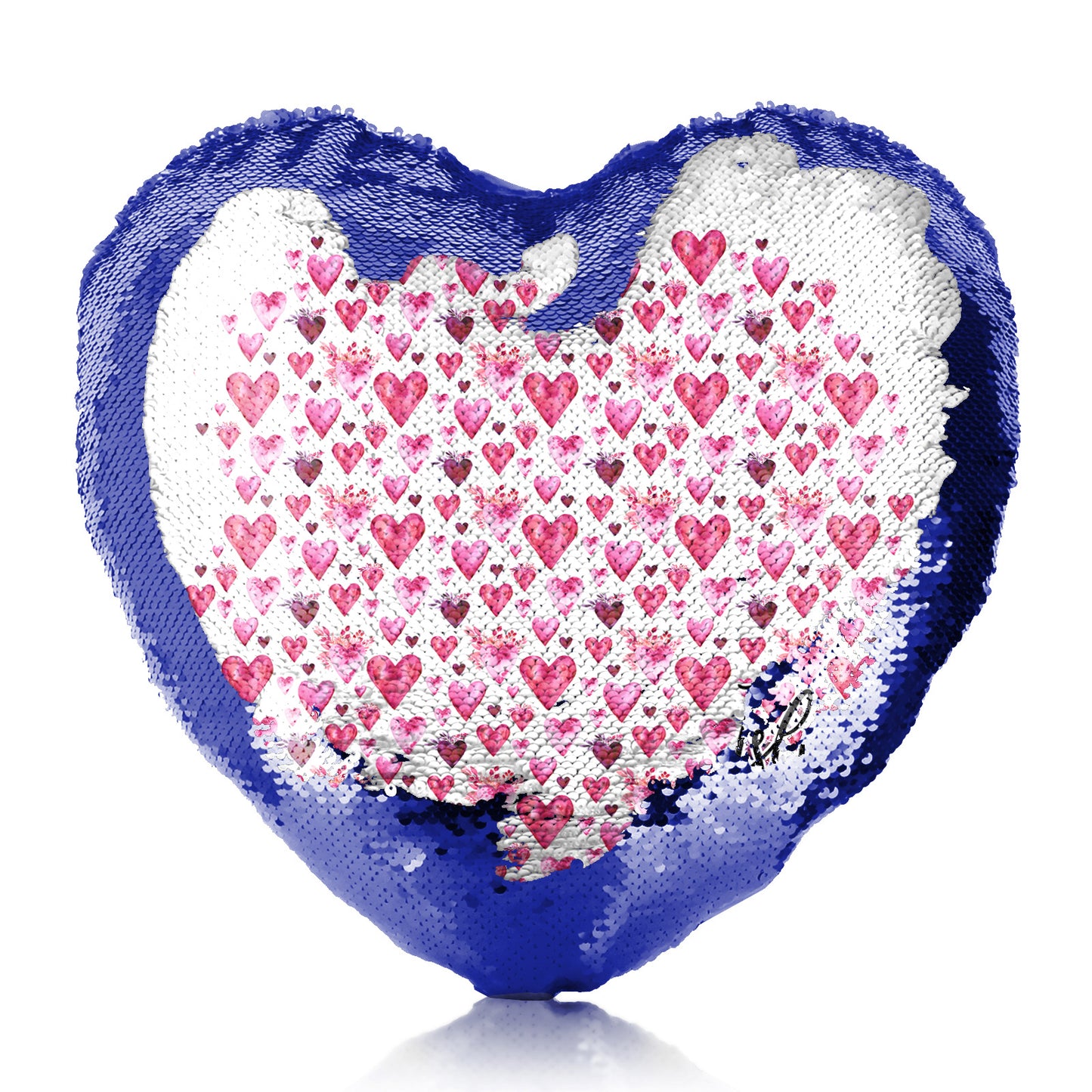 Personalised Sequin Heart Cushion with Stylish Text and Valentine Hearts Print