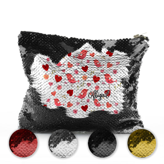 Personalised Sequin Zip Bag with Stylish Text and Love Heart Birds Print