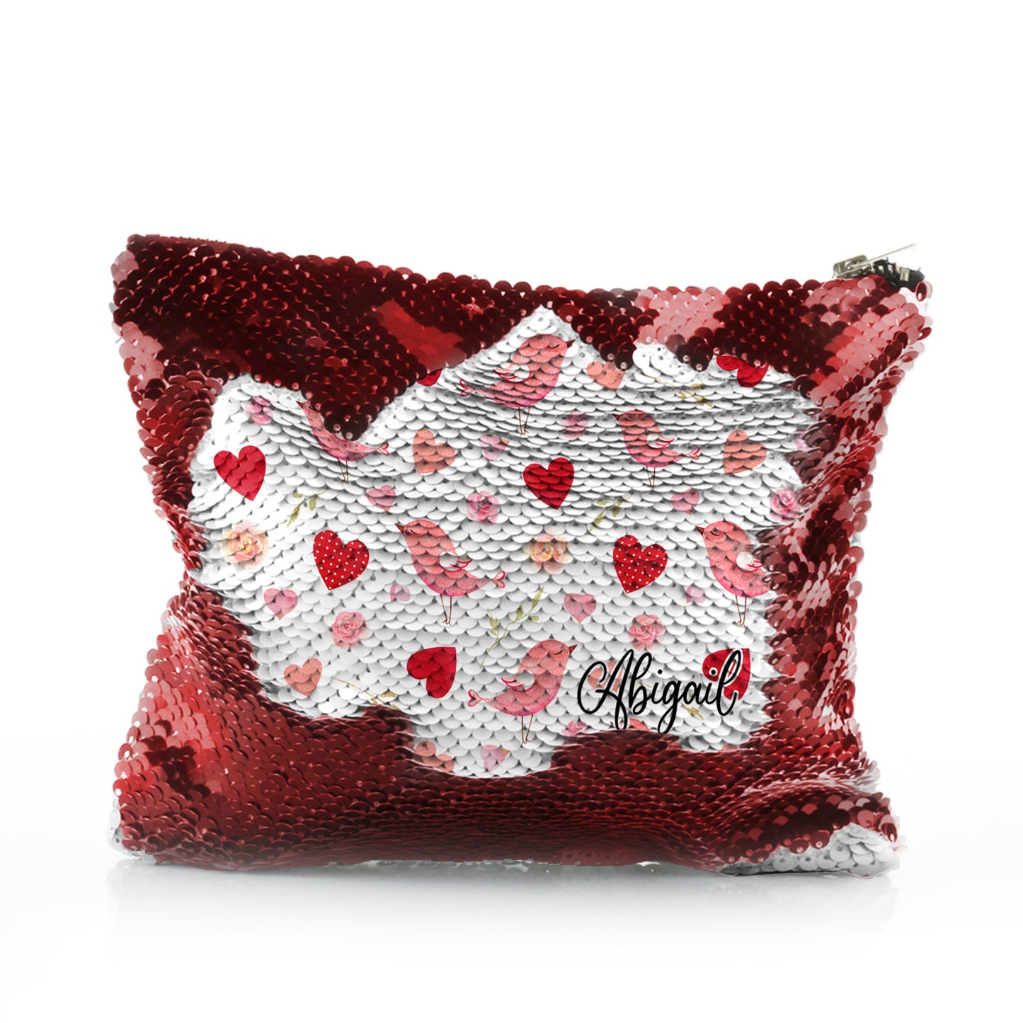 Personalisierte Pailletten-Reißverschlusstasche mit stilvollem Text und Love Heart Birds-Aufdruck