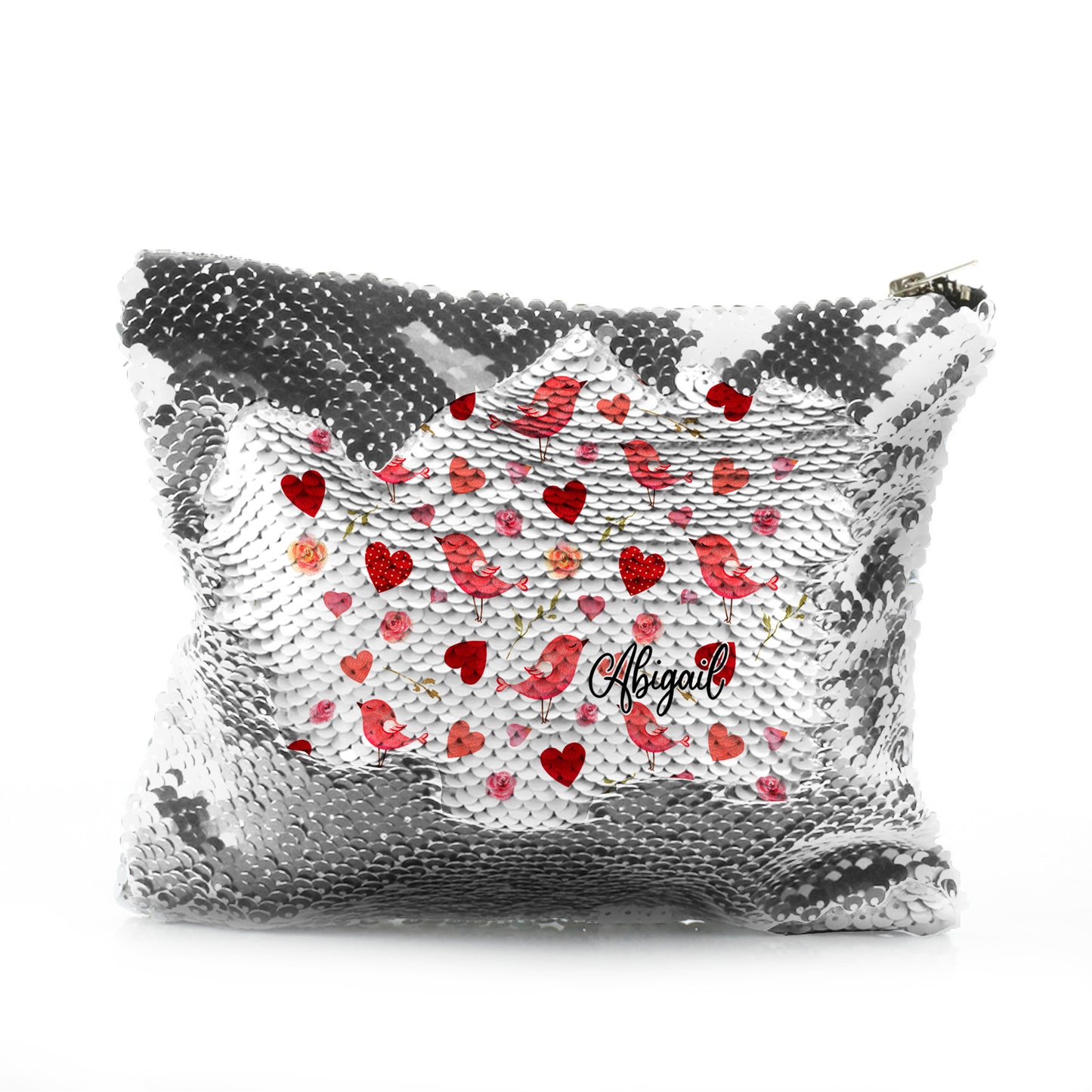 Personalisierte Pailletten-Reißverschlusstasche mit stilvollem Text und Love Heart Birds-Aufdruck