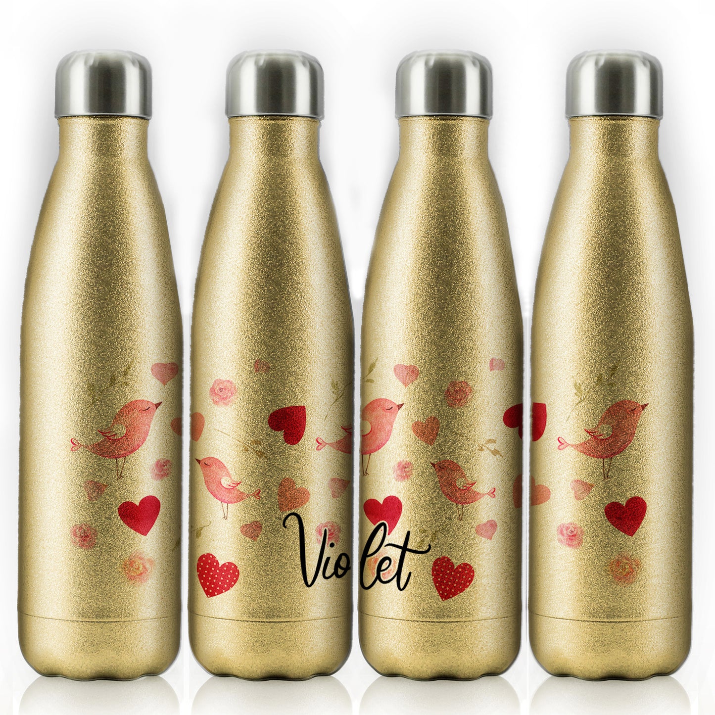 Personalised Cola Bottle with Stylish Text and Love Heart Birds Print