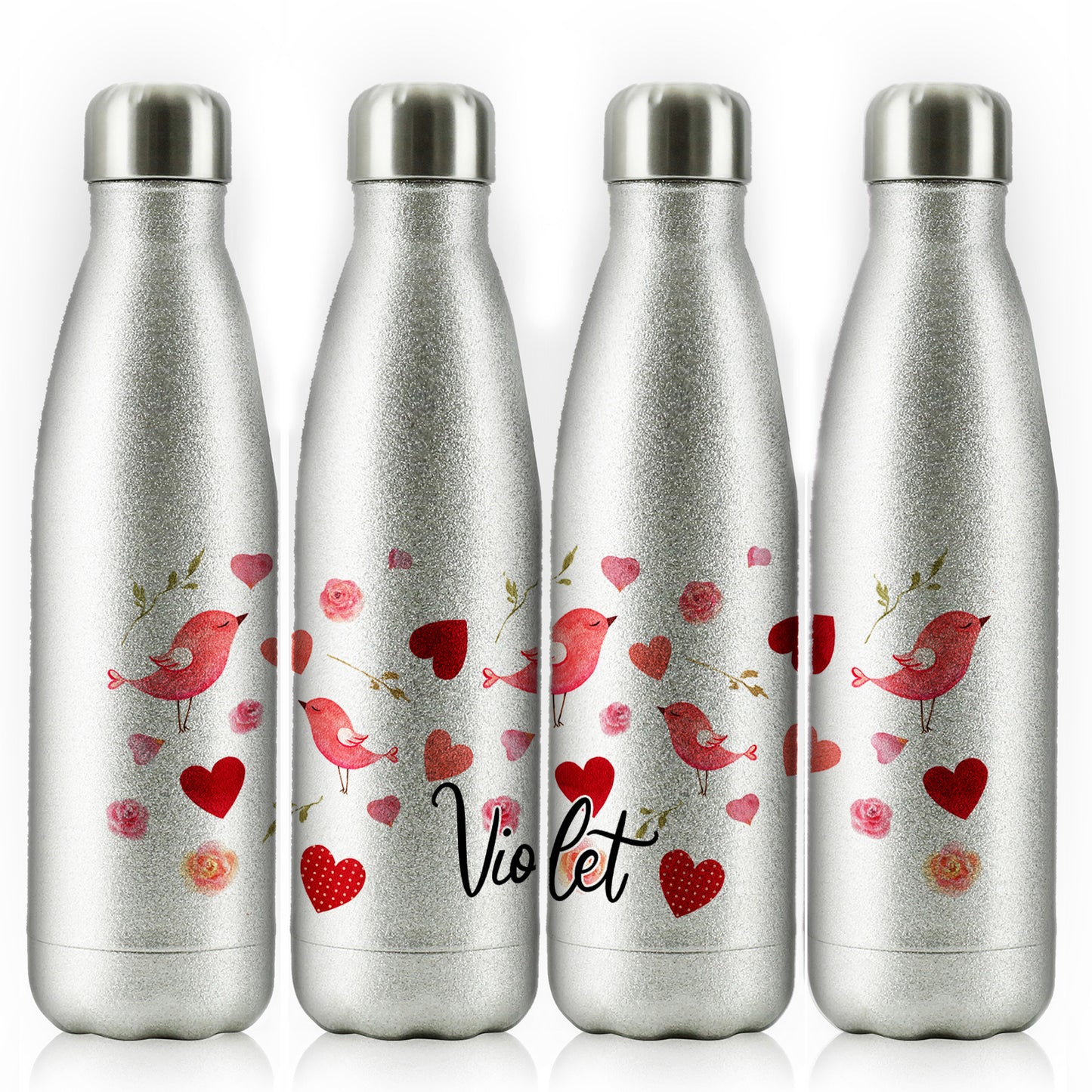 Personalised Cola Bottle with Stylish Text and Love Heart Birds Print