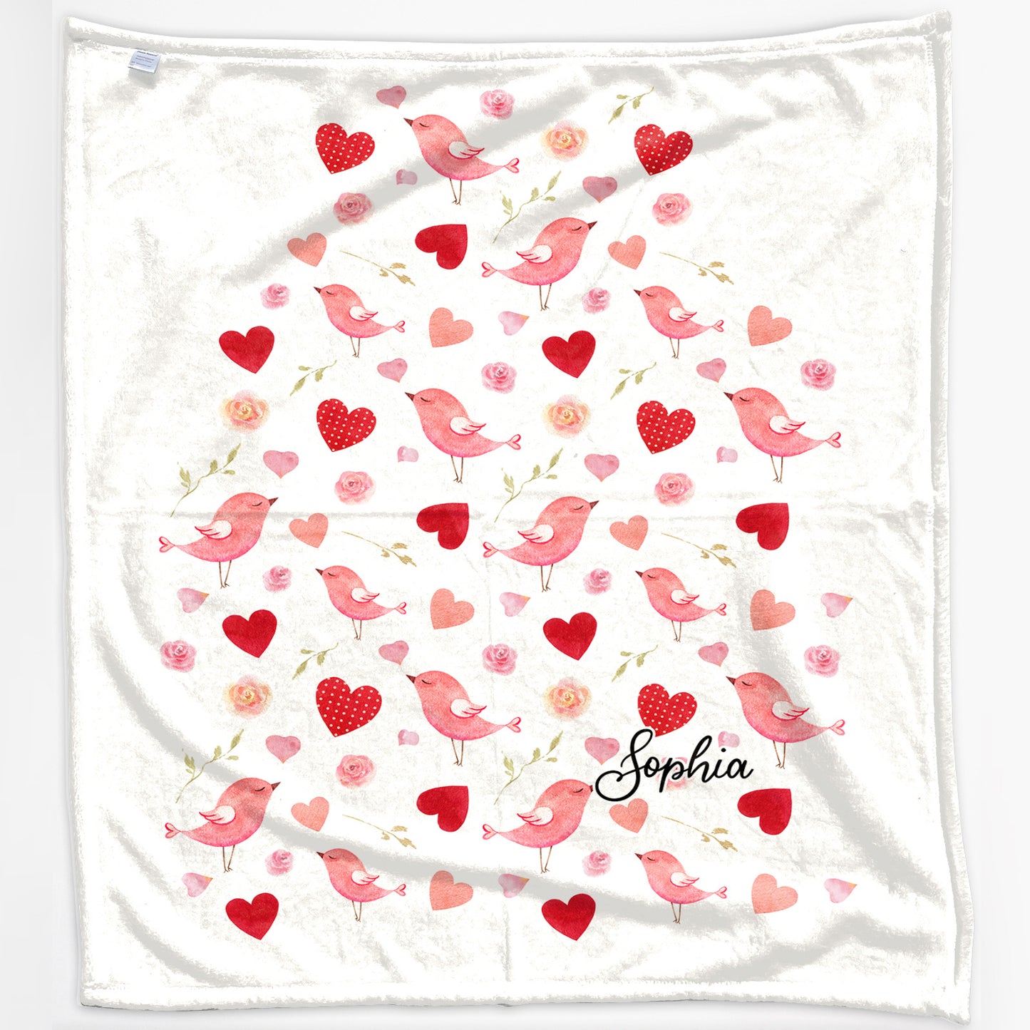 Personalised Baby Blanket with Stylish Text and Love Heart Birds Print