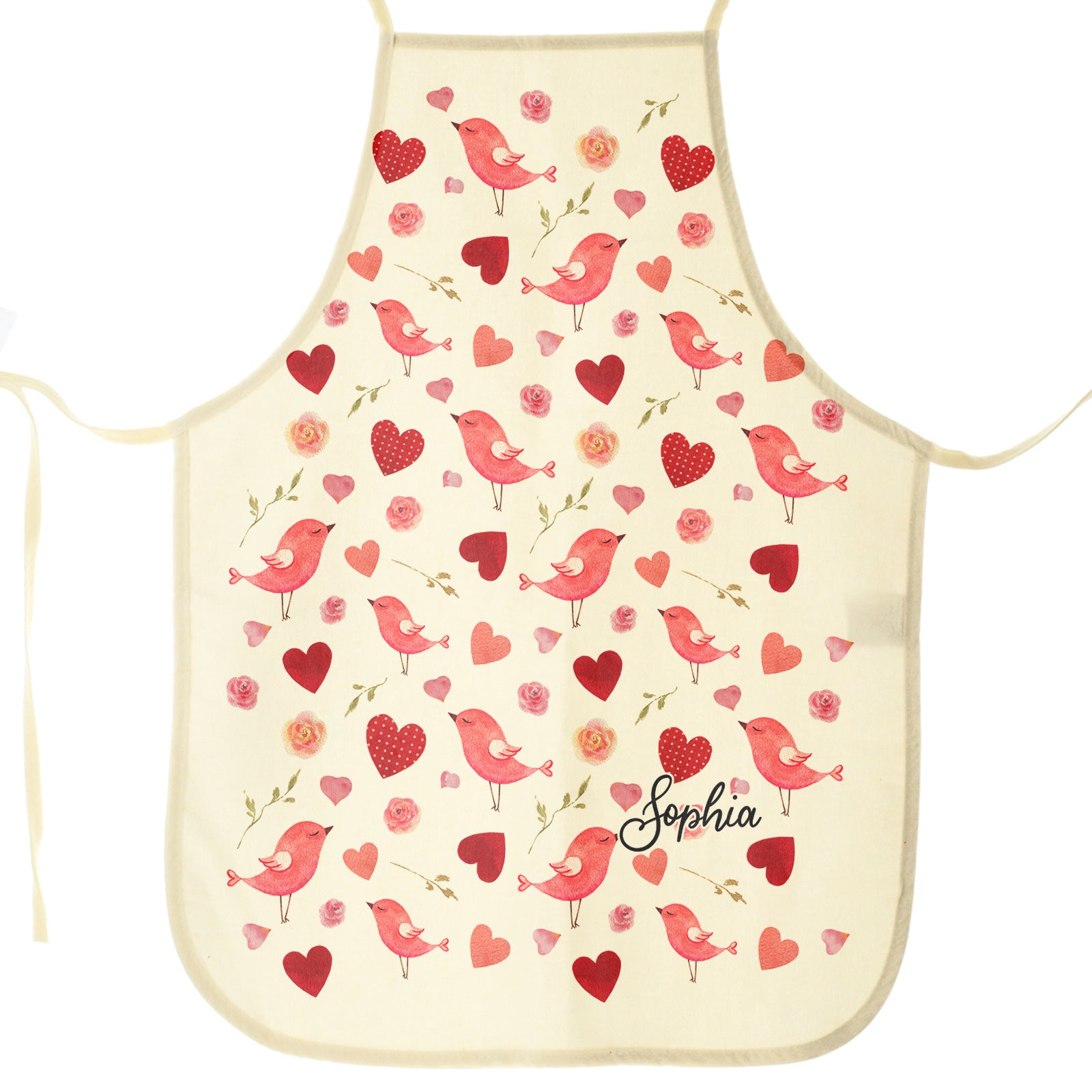 Personalised Canvas Apron with Stylish Text and Love Heart Birds Print