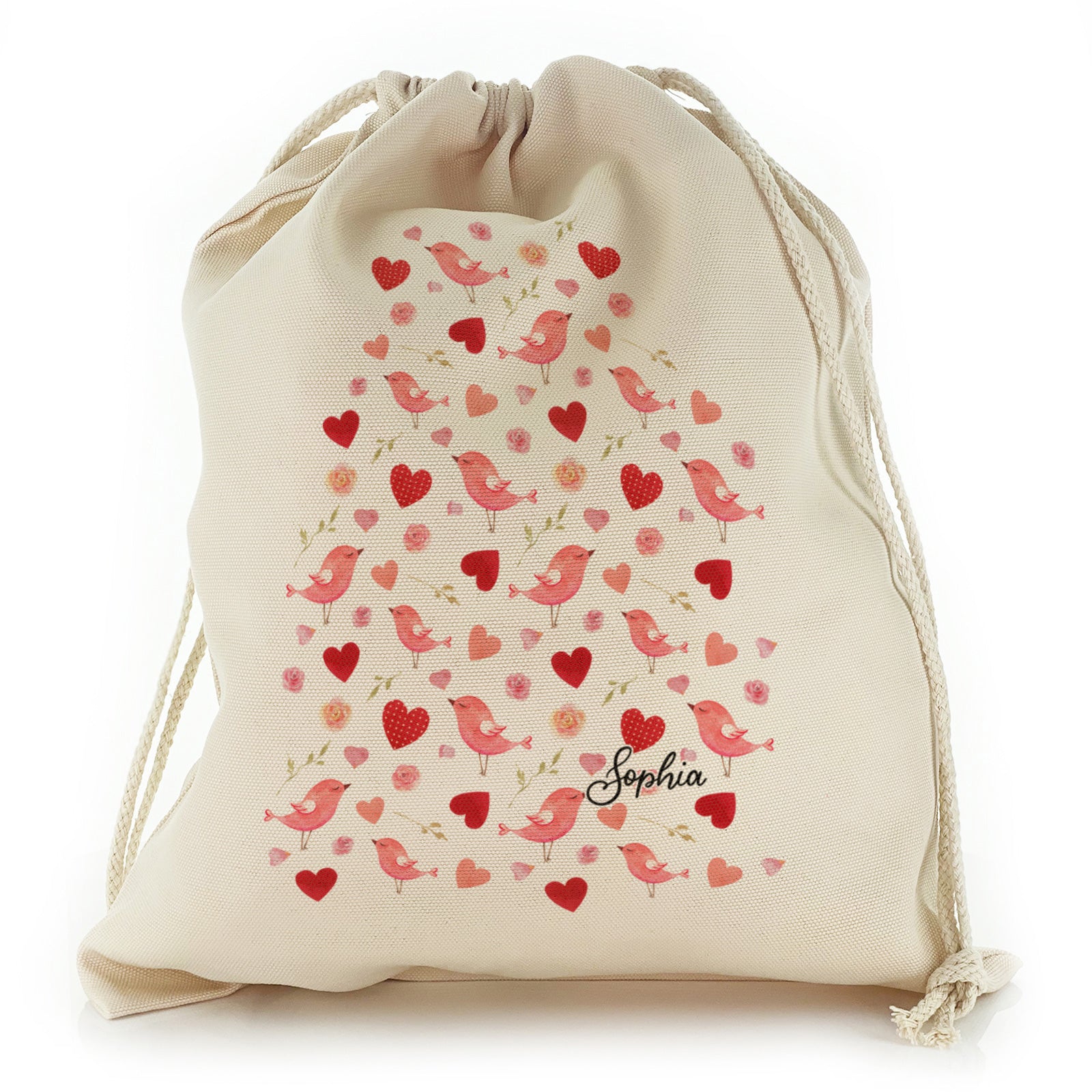 Personalised Canvas Sack with Stylish Text and Love Heart Birds Print