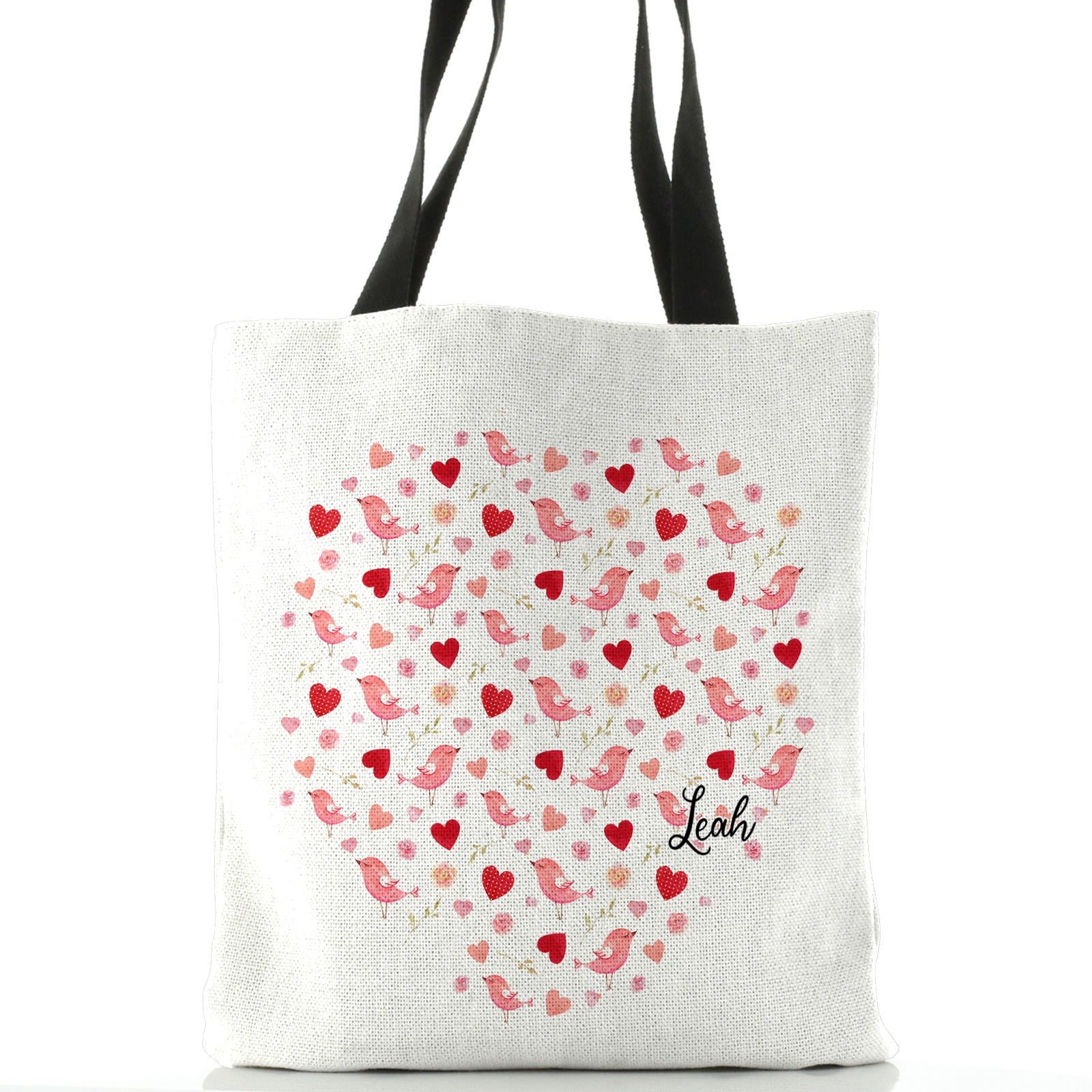 Personalised White Tote Bag with Stylish Text and Love Heart Birds Print