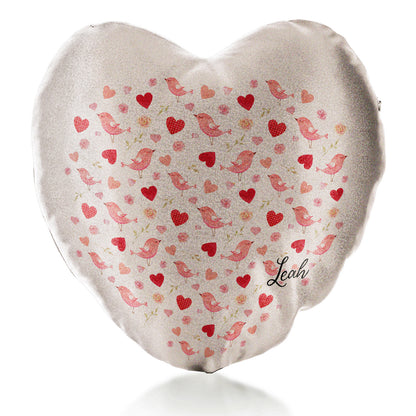 Personalisiertes Glitzer-Herzkissen mit stilvollem Text und Love Heart Birds-Aufdruck