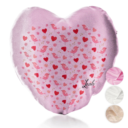Personalised Glitter Heart Cushion with Stylish Text and Love Heart Birds Print