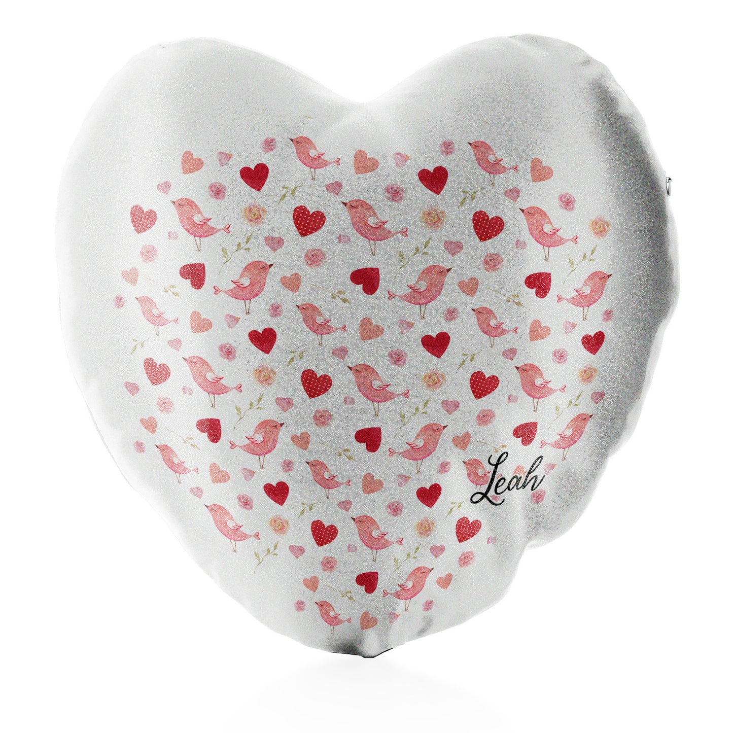 Personalisiertes Glitzer-Herzkissen mit stilvollem Text und Love Heart Birds-Aufdruck