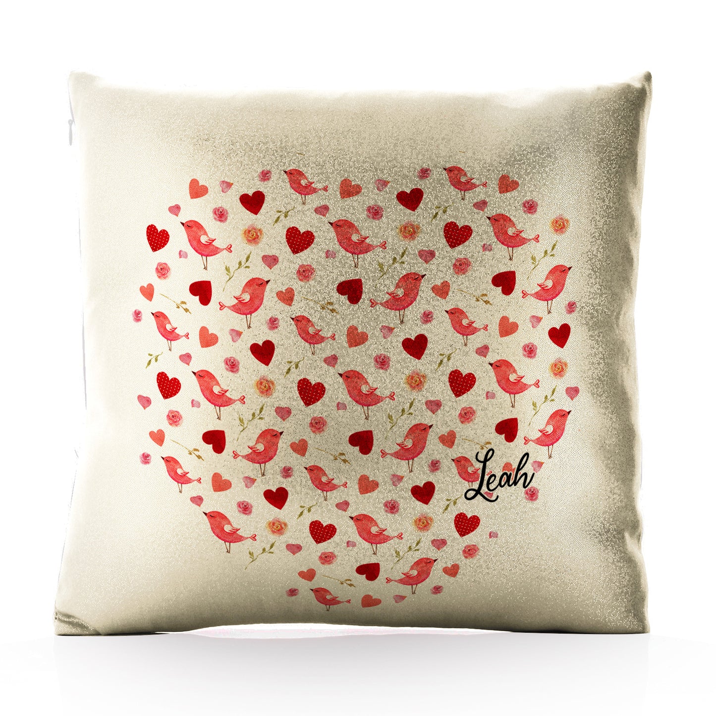 Personalised Glitter Cushion with Stylish Text and Love Heart Birds Print