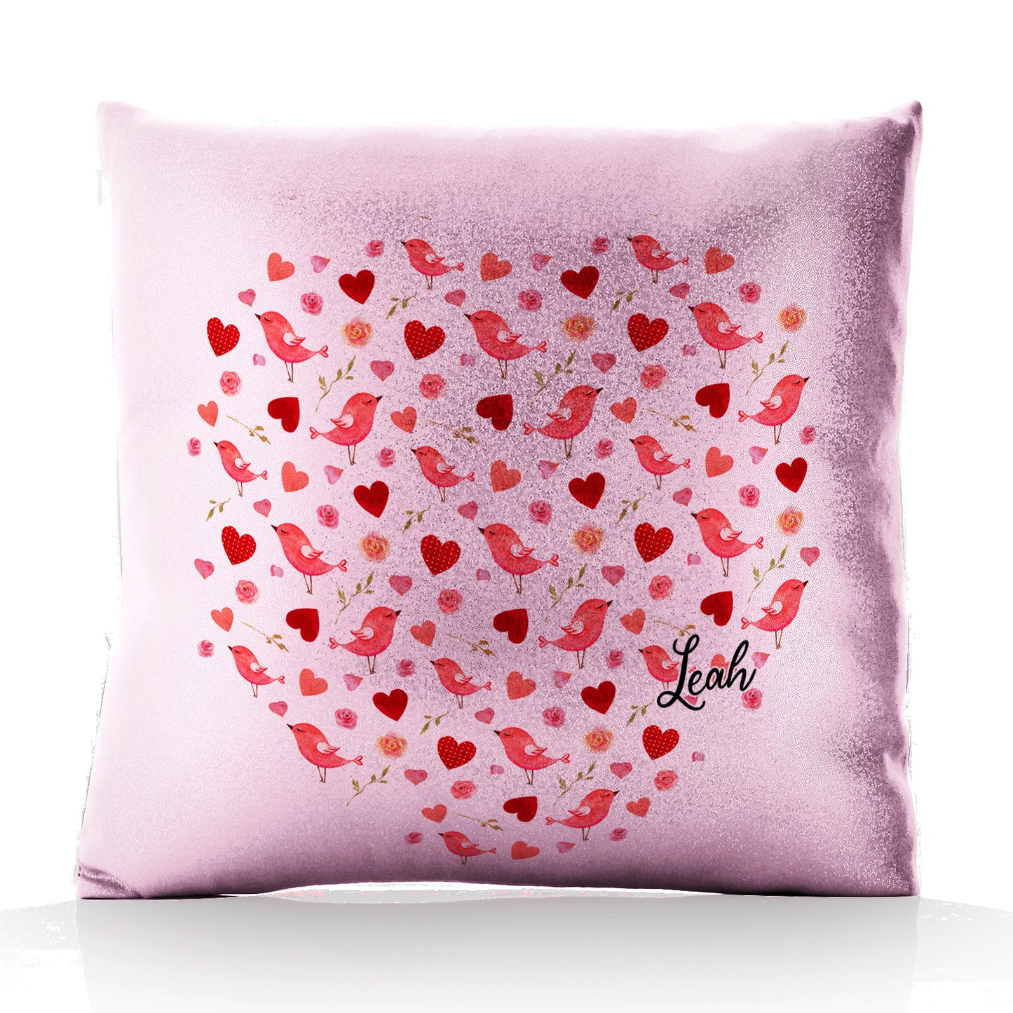 Personalised Glitter Cushion with Stylish Text and Love Heart Birds Print
