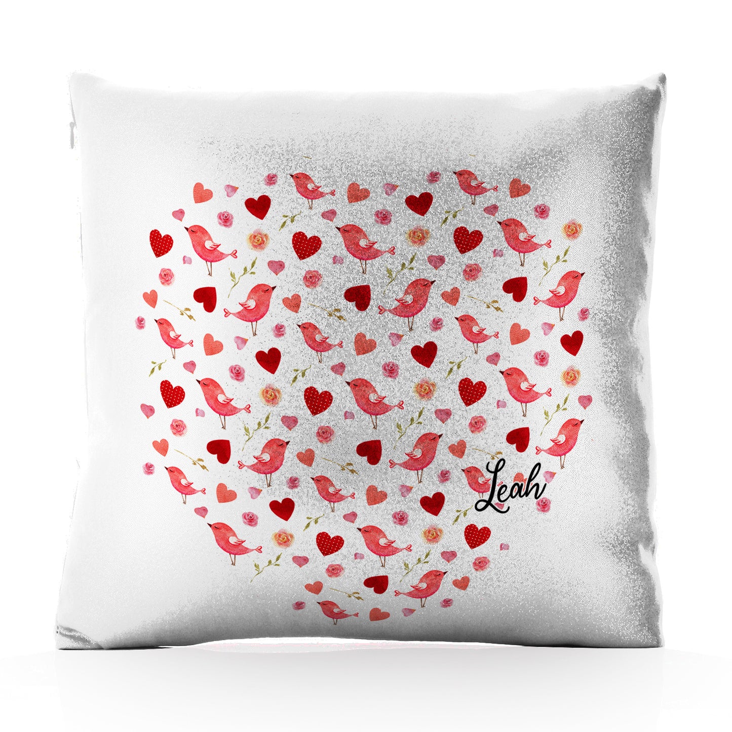 Personalised Glitter Cushion with Stylish Text and Love Heart Birds Print