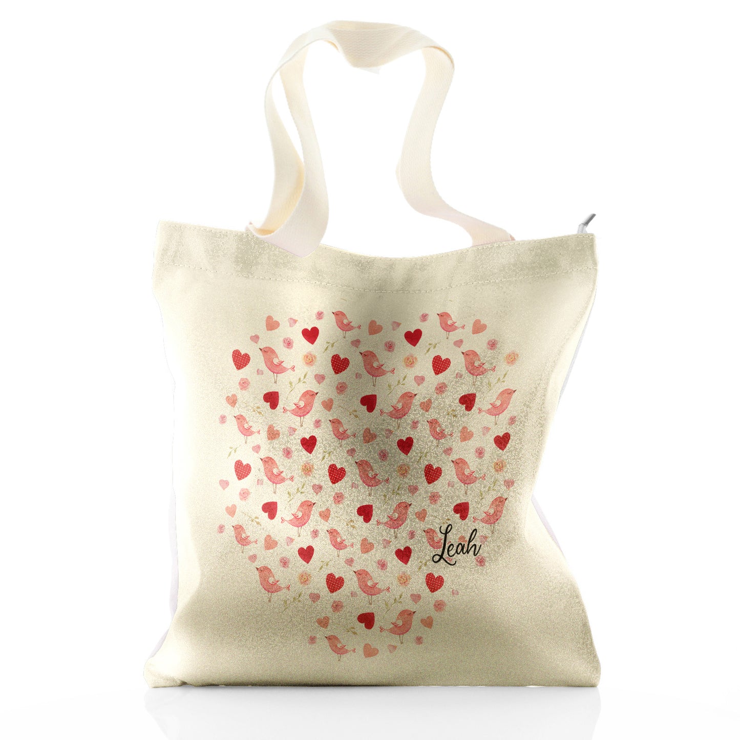 Personalised Glitter Tote Bag with Stylish Text and Love Heart Birds Print