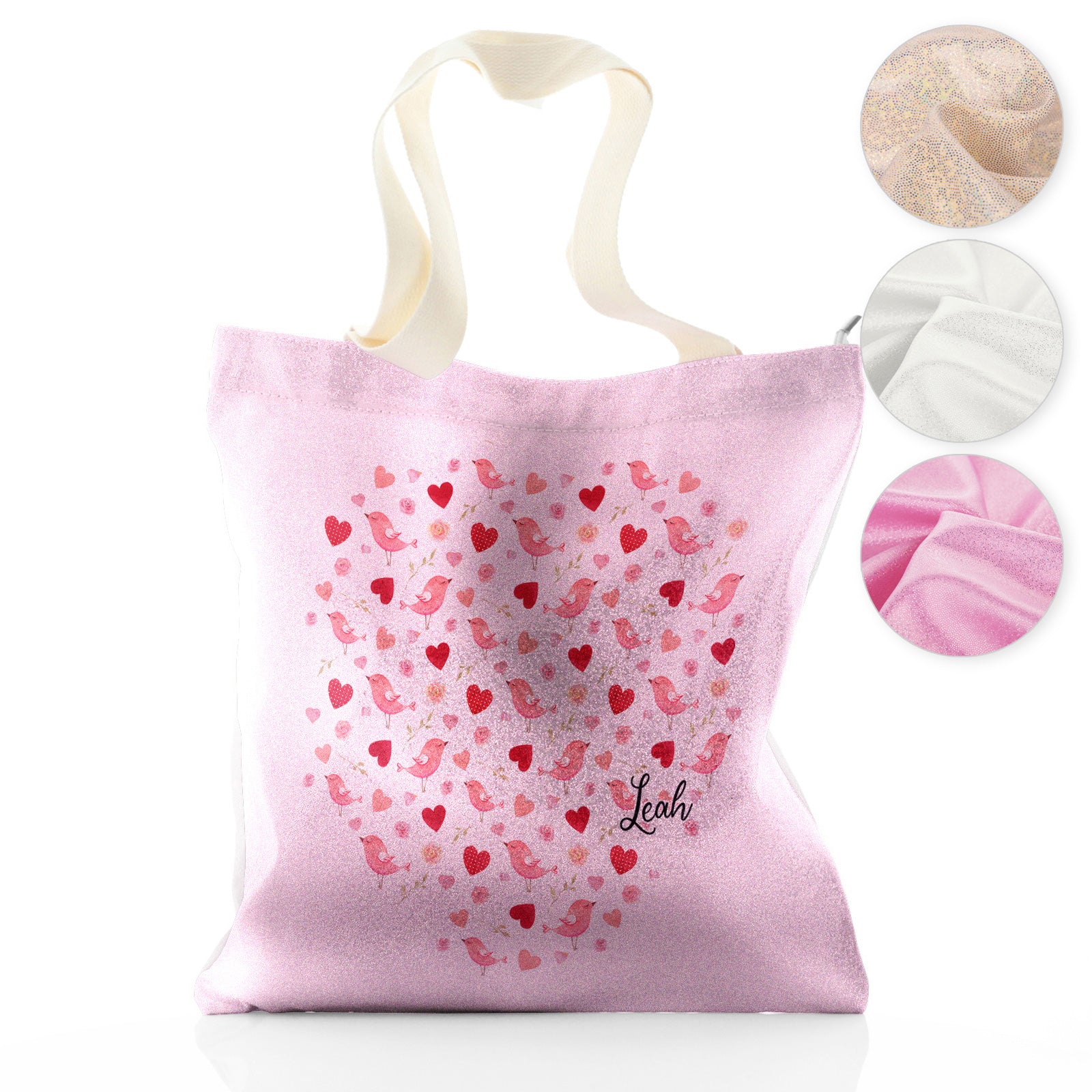 Personalised Glitter Tote Bag with Stylish Text and Love Heart Birds Print