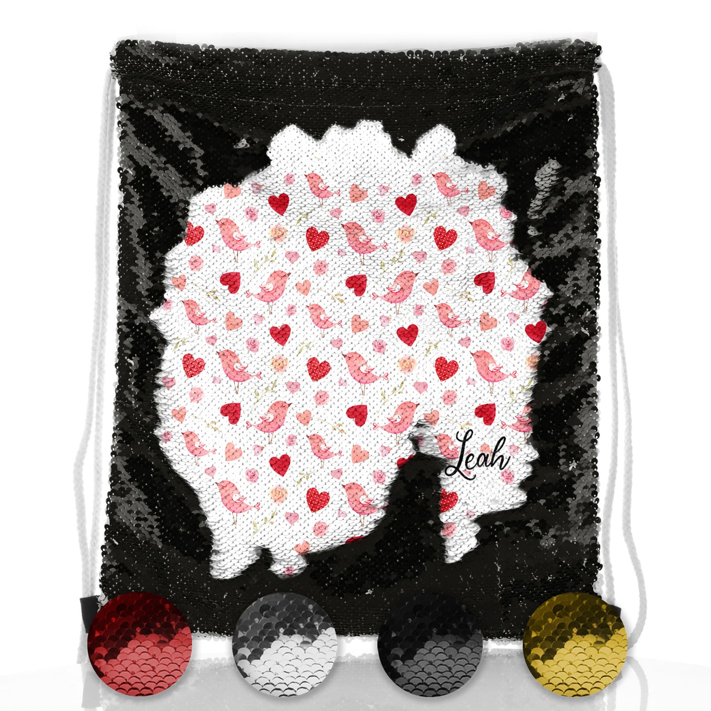 Personalised Sequin Drawstring Backpack with Stylish Text and Love Heart Birds Print