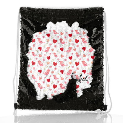Personalised Sequin Drawstring Backpack with Stylish Text and Love Heart Birds Print