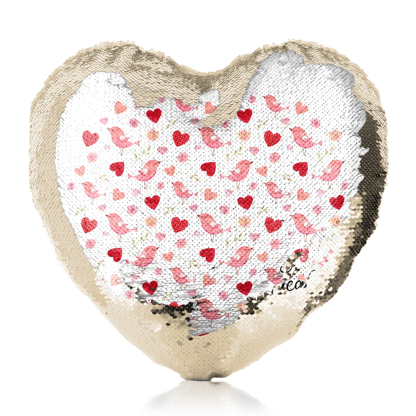 Personalised Sequin Heart Cushion with Stylish Text and Love Heart Birds Print