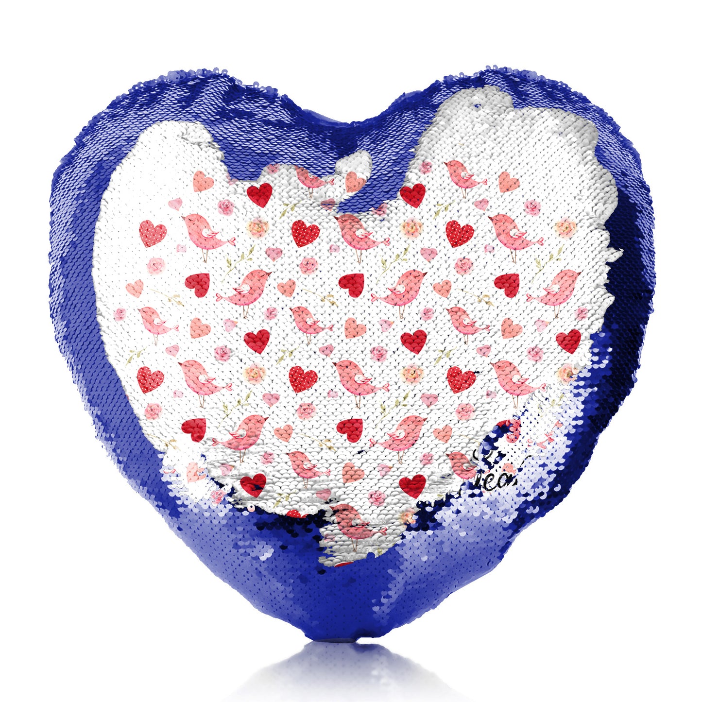 Personalised Sequin Heart Cushion with Stylish Text and Love Heart Birds Print