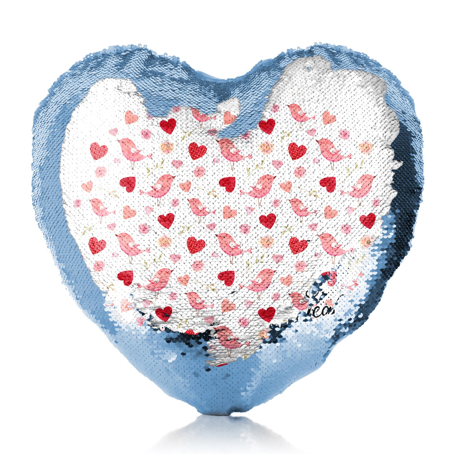 Personalised Sequin Heart Cushion with Stylish Text and Love Heart Birds Print