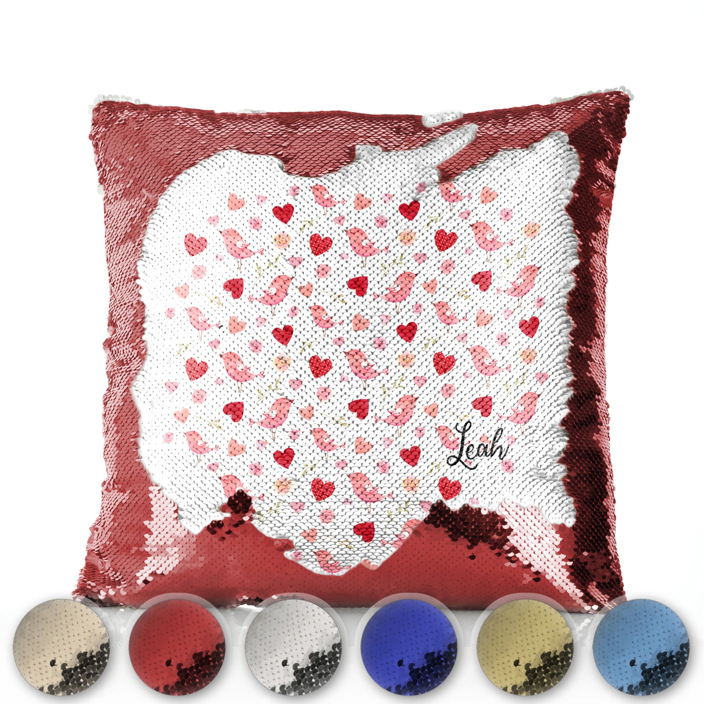 Personalised Sequin Cushion with Stylish Text and Love Heart Birds Print