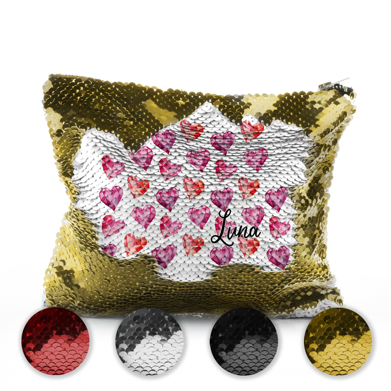 Personalised Sequin Zip Bag with Stylish Text and Crystal Hearts Print