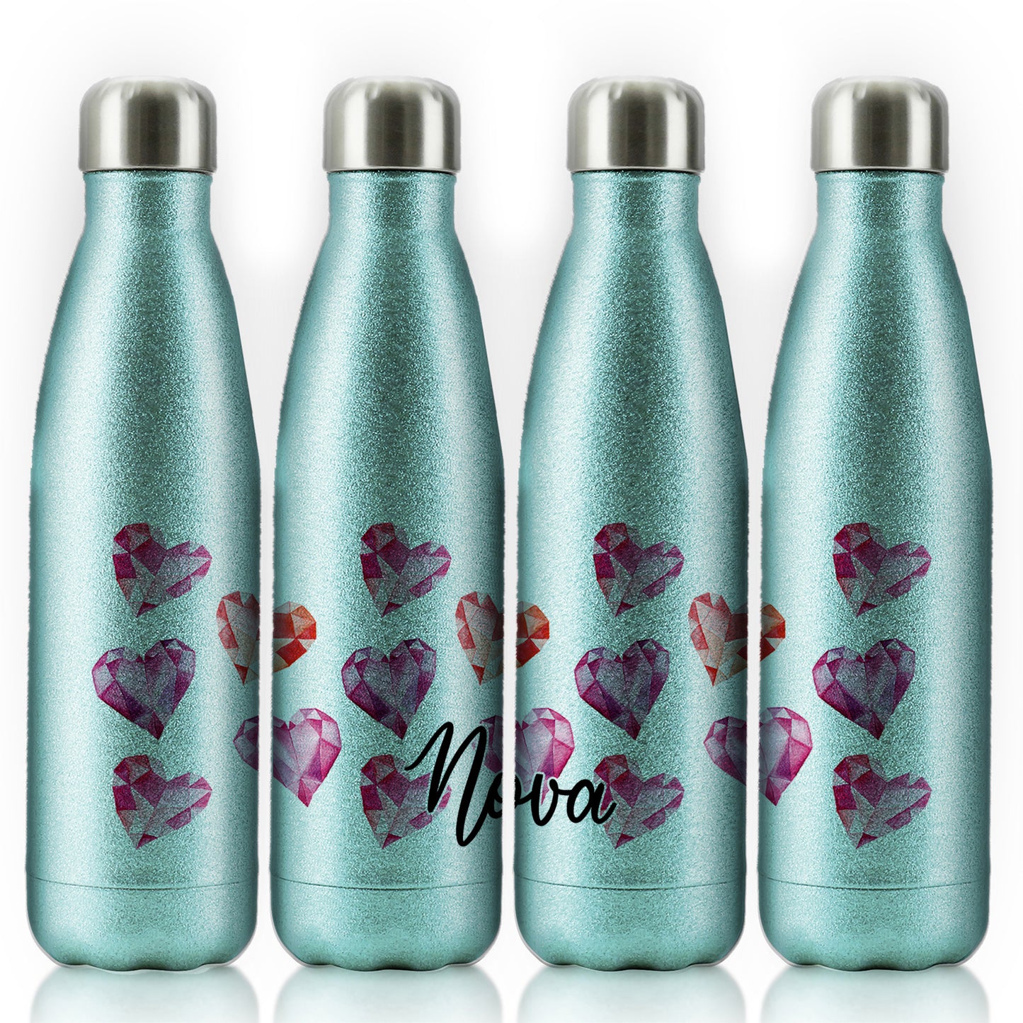 Personalised Cola Bottle with Stylish Text and Crystal Hearts Print