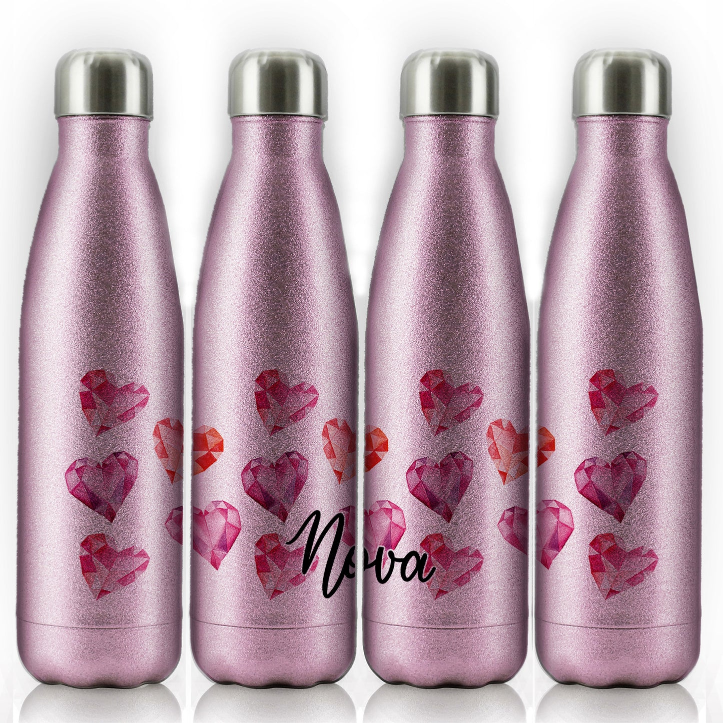 Personalised Cola Bottle with Stylish Text and Crystal Hearts Print