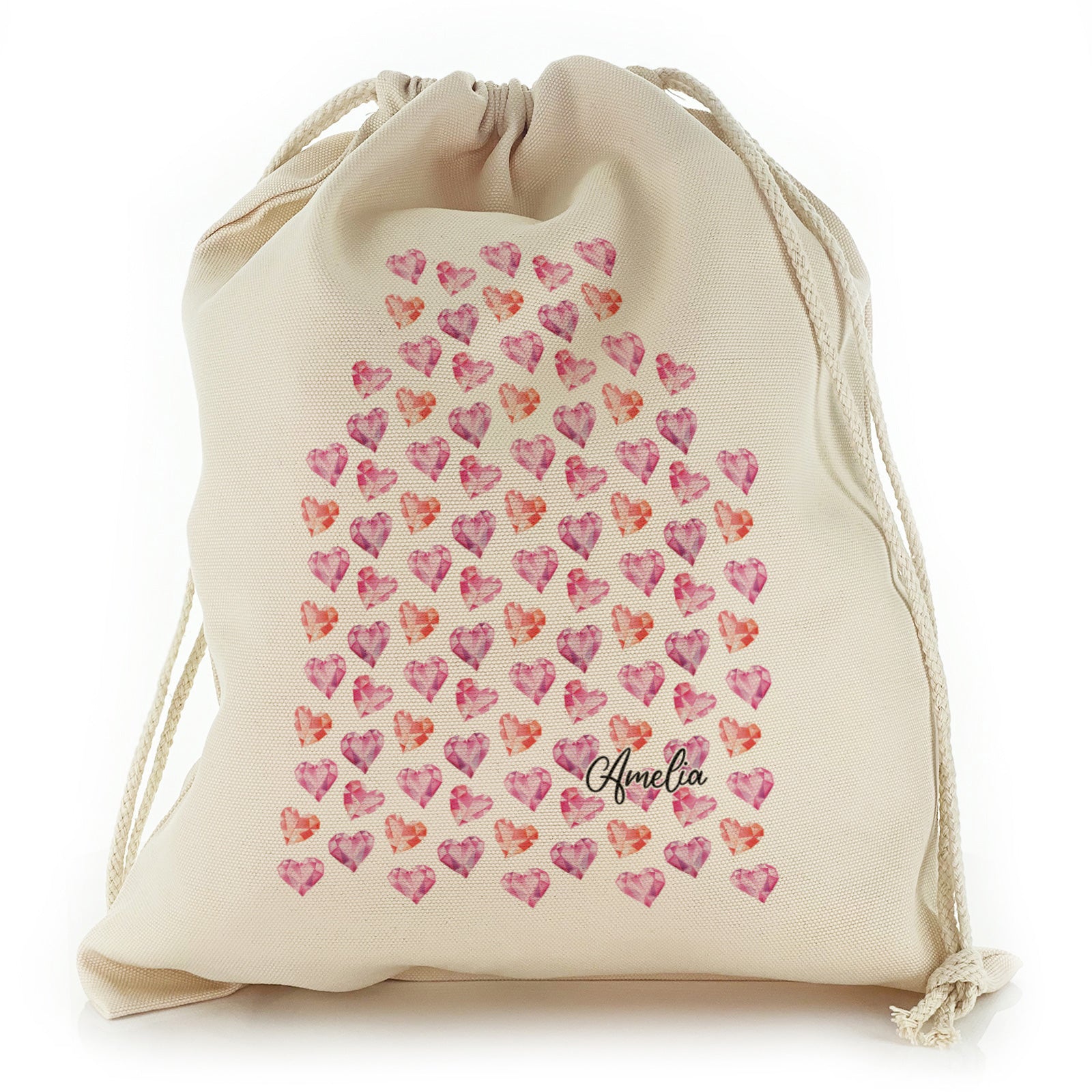 Personalised Canvas Sack with Stylish Text and Crystal Hearts Print