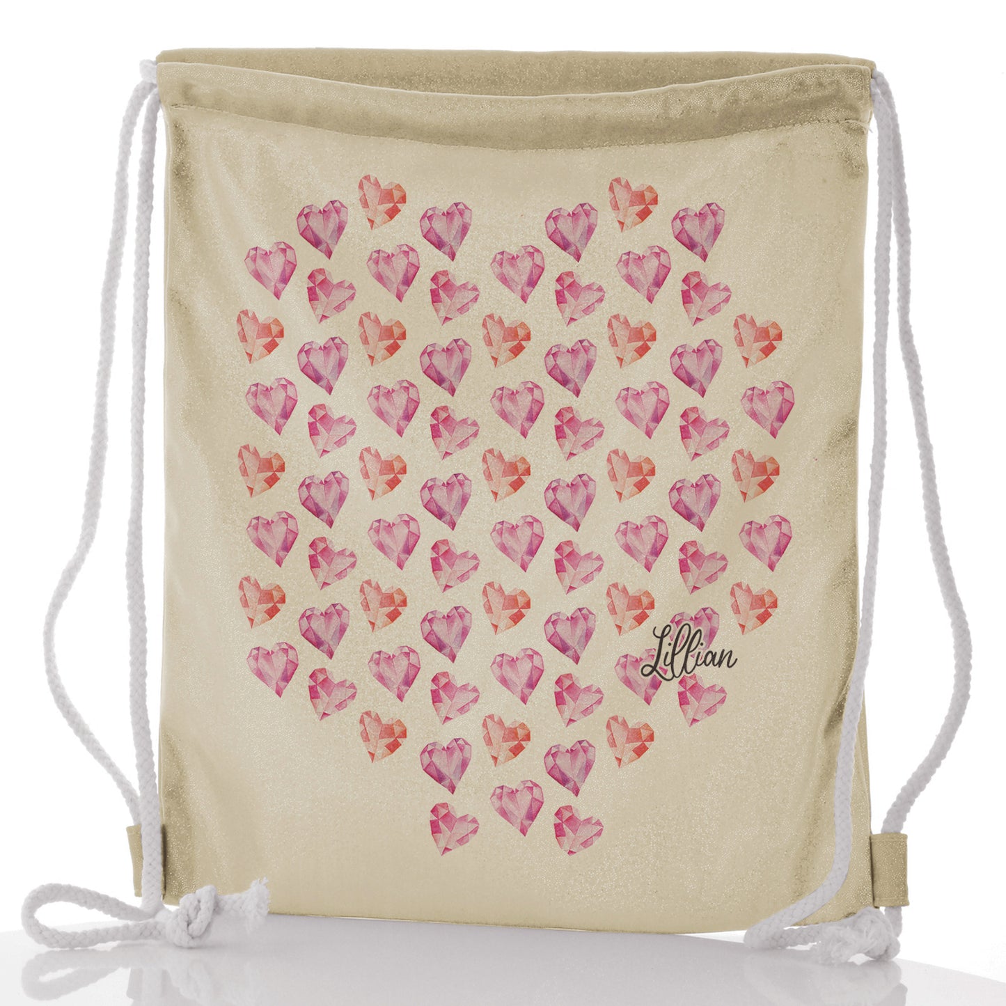 Personalised Glitter Drawstring Backpack with Stylish Text and Crystal Hearts Print