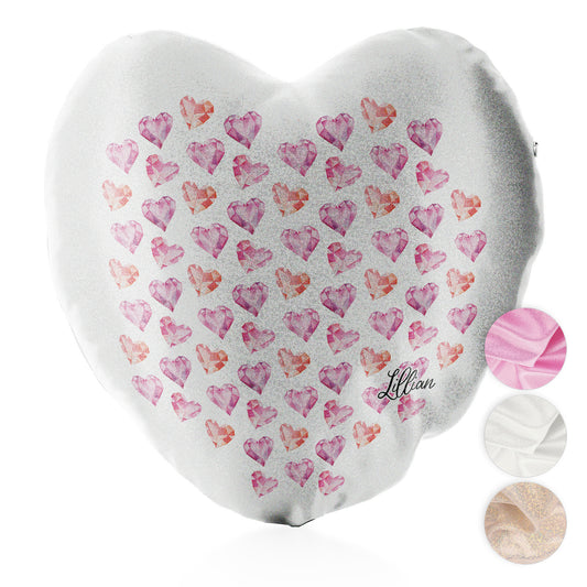 Personalised Glitter Heart Cushion with Stylish Text and Crystal Hearts Print