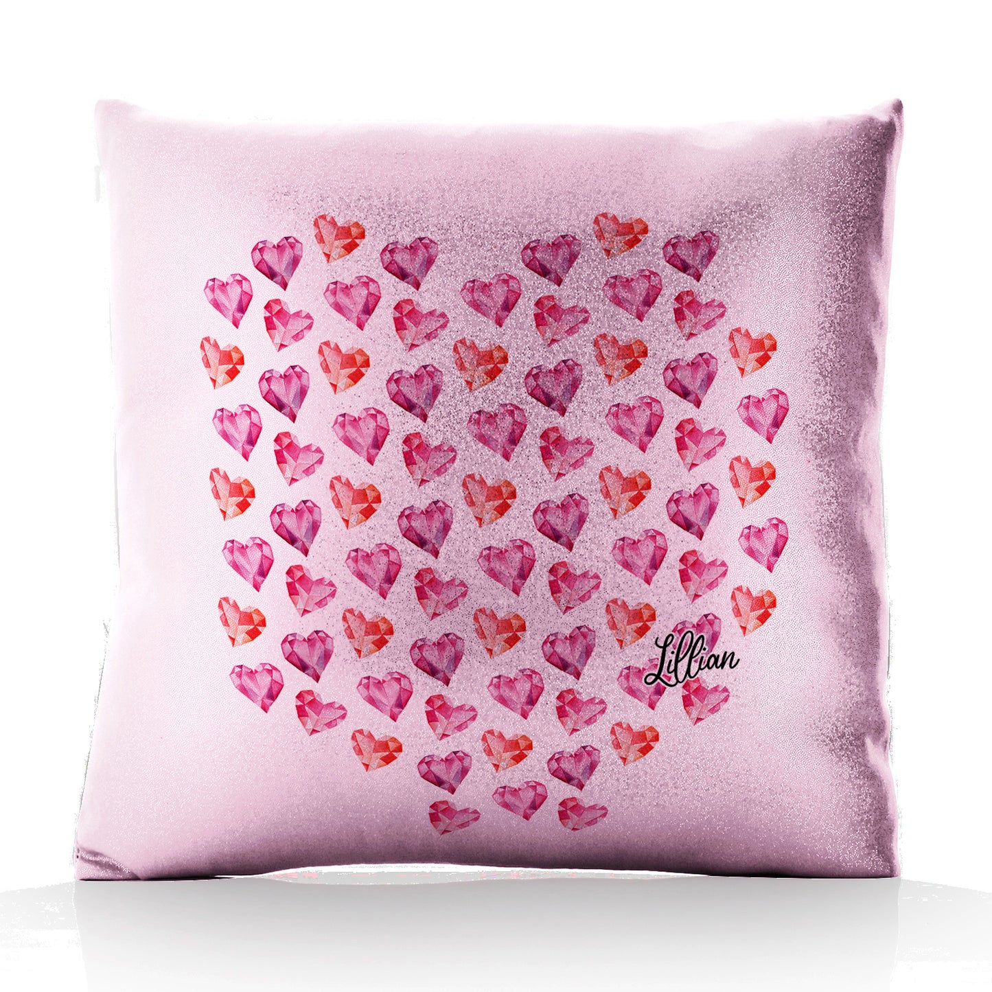 Personalised Glitter Cushion with Stylish Text and Crystal Hearts Print