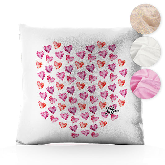 Personalised Glitter Cushion with Stylish Text and Crystal Hearts Print