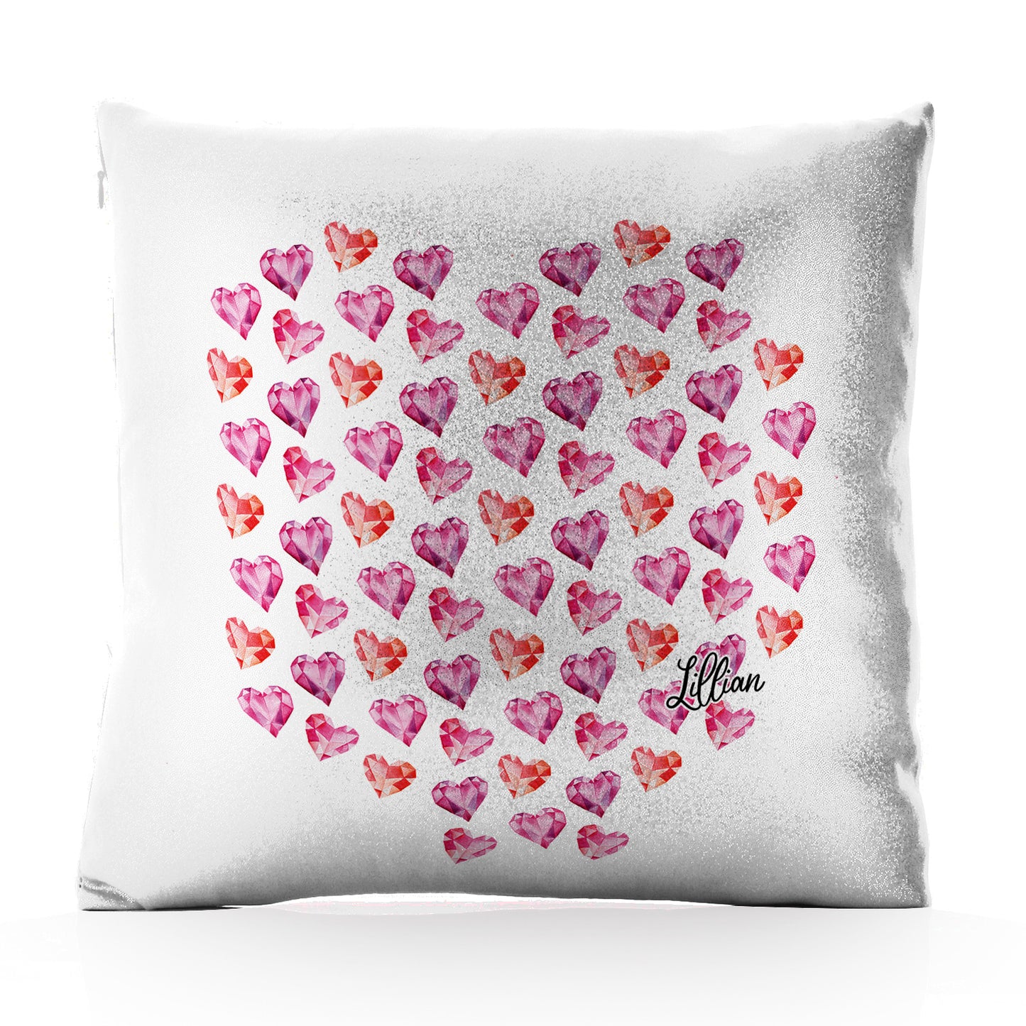 Personalised Glitter Cushion with Stylish Text and Crystal Hearts Print