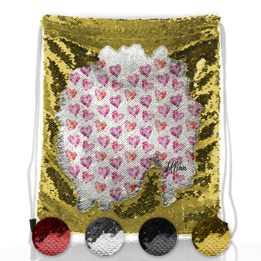 Personalised Sequin Drawstring Backpack with Stylish Text and Crystal Hearts Print