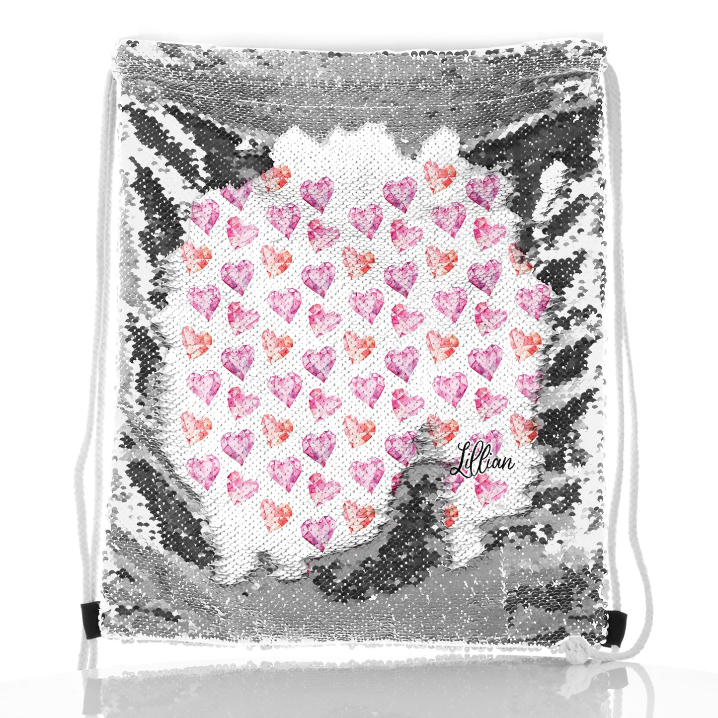 Personalised Sequin Drawstring Backpack with Stylish Text and Crystal Hearts Print