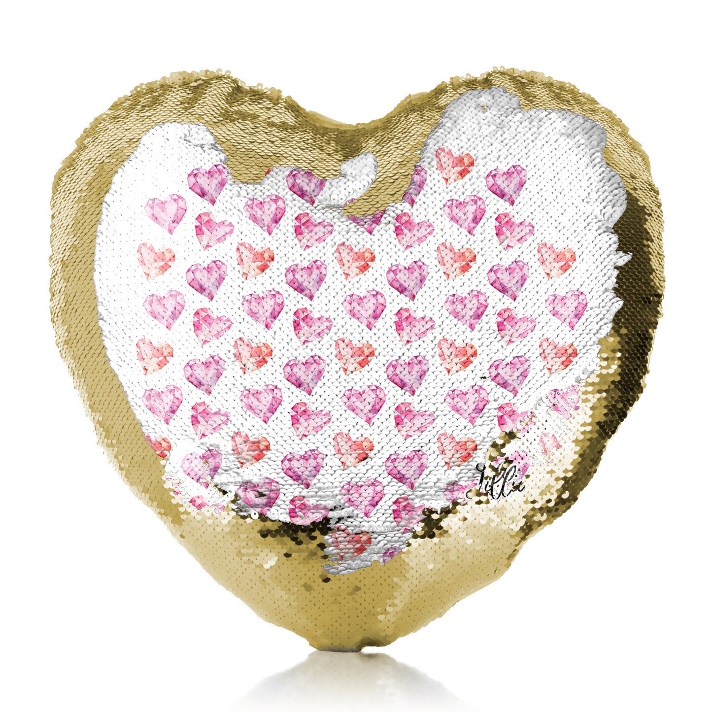 Personalised Sequin Heart Cushion with Stylish Text and Crystal Hearts Print
