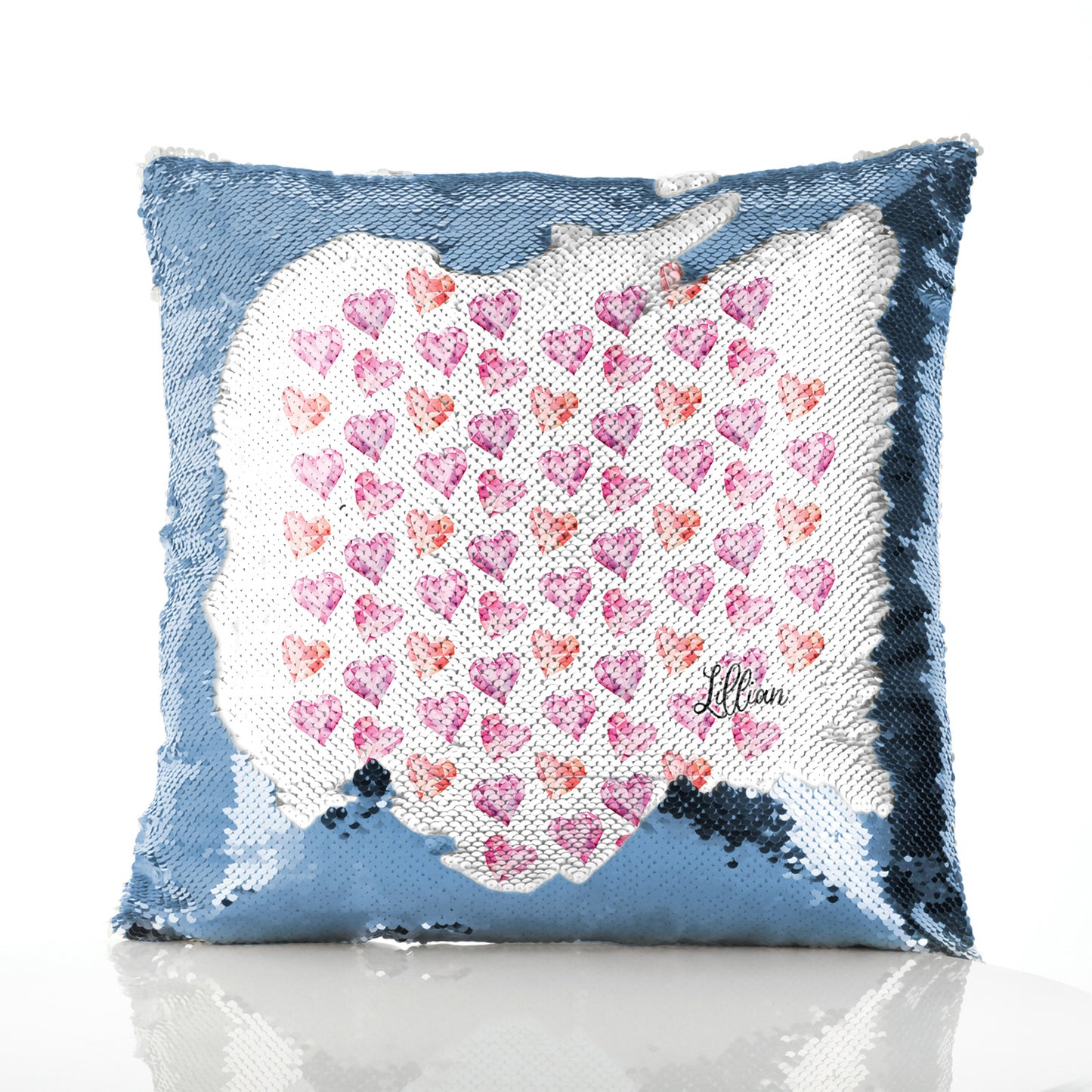 Personalised Sequin Cushion with Stylish Text and Crystal Hearts Print