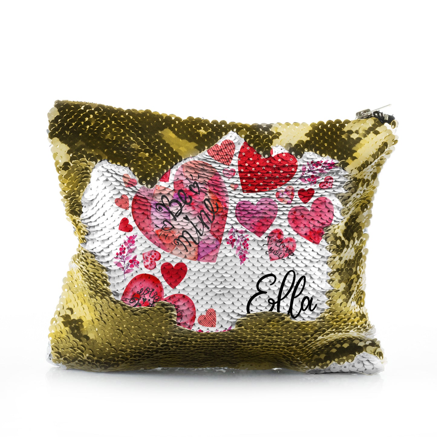 Personalised Sequin Zip Bag with Stylish Text and Material Hearts Love Message Print